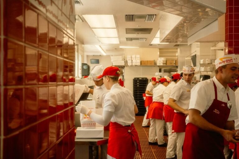 Kitchen crew in uniform on the line, where In-N-Out starting pay runs 17 to 23 dollars an hour by state