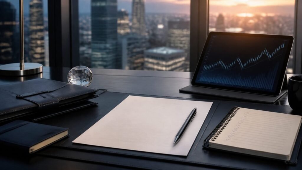 JPMorgan Chase interview preparation desk with a resume, portfolio, notebook, and market chart