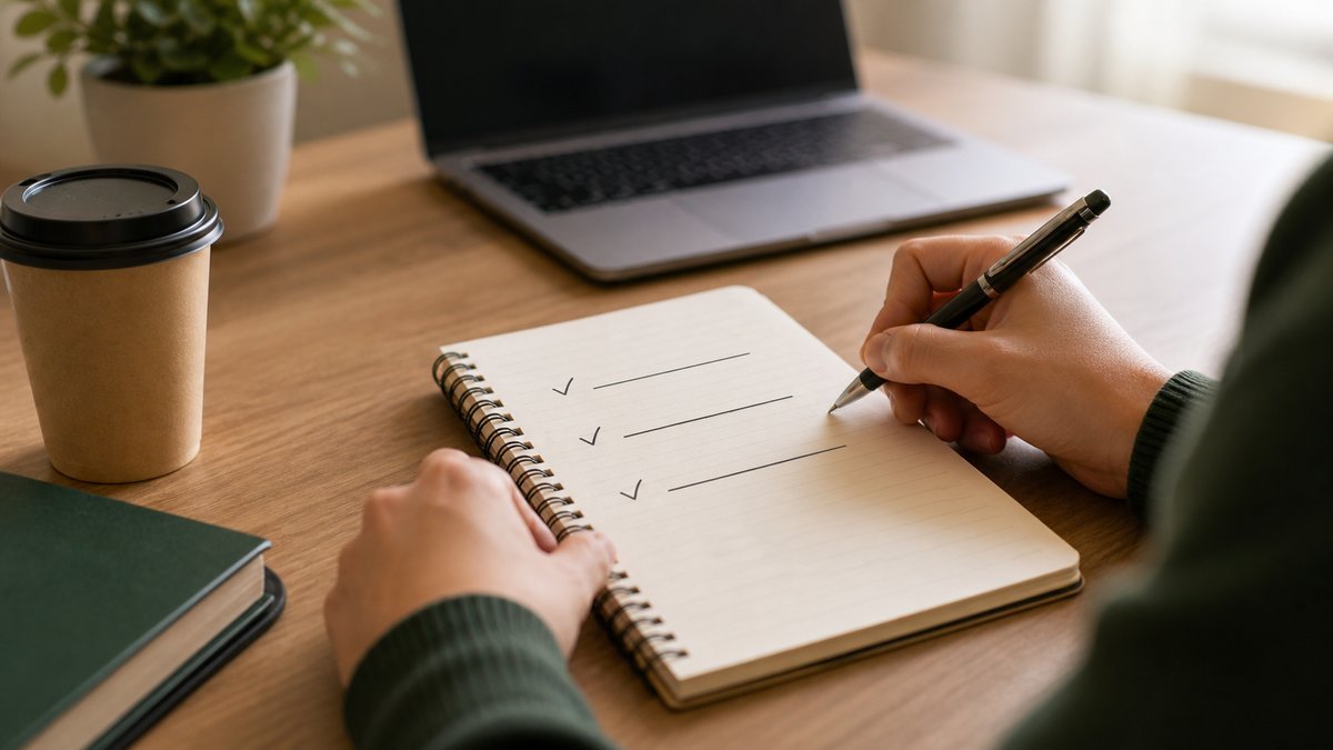 Candidate preparing notes for Starbucks interview questions at a quiet desk with coffee and a laptop