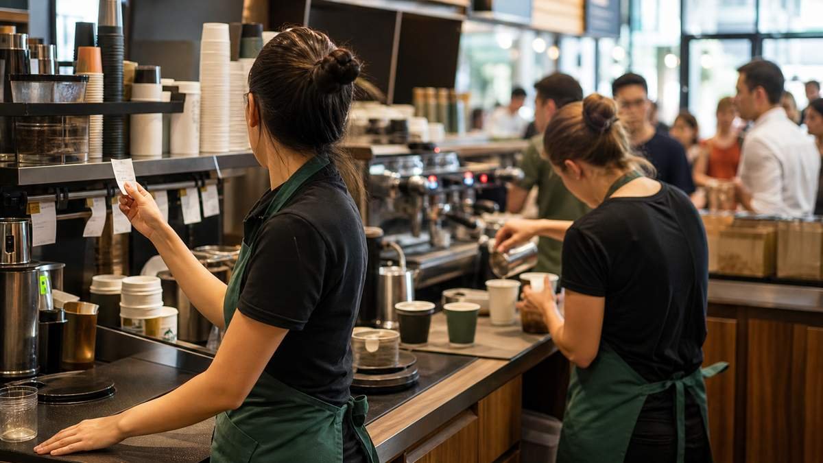 Baristas coordinating drinks during a busy coffee-shop rush to demonstrate teamwork under pressure