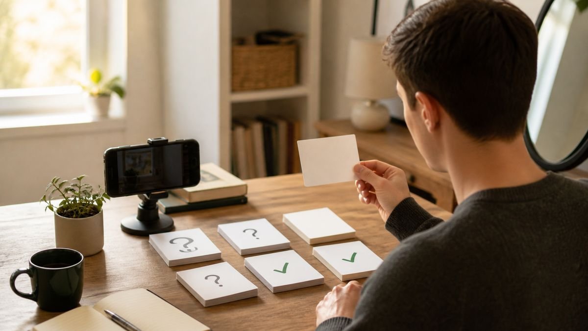 Candidate rehearsing difficult Starbucks interview questions with practice cards and a phone recording