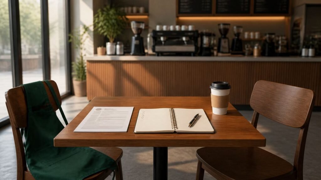 Starbucks interview preparation table with a resume, notebook, coffee cup, and green barista apron