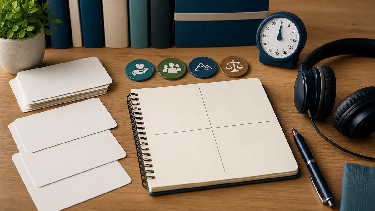 Talent Plus interview preparation with structured question cards, response themes, timer, and headset