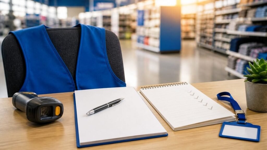 Walmart interview preparation desk with a resume, blue retail vest, notebook, and inventory scanner