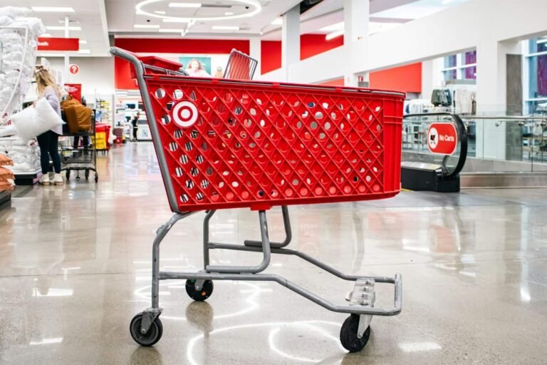 Target dress code red on display: a bright red cart inside a Target store aisle