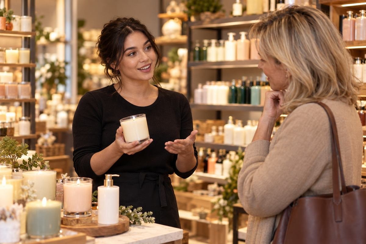 Bath and Body Works candidate presenting an unbranded scented candle in a mock sales exercise