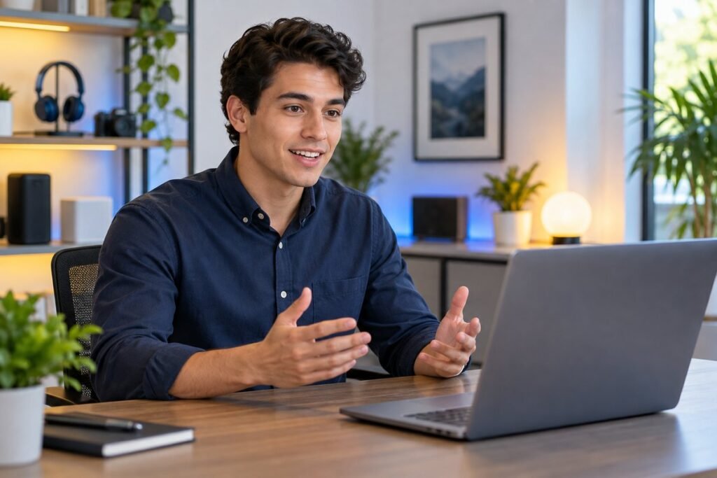 Job applicant recording a Best Buy video interview on a laptop