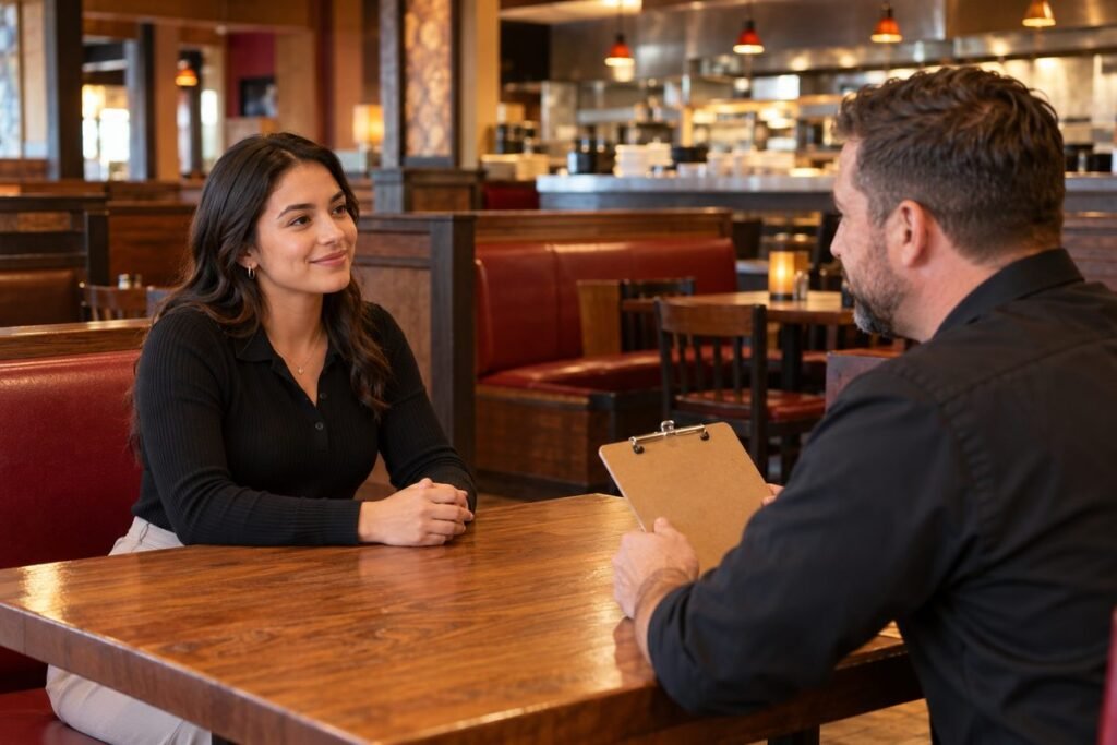 Job candidate interviewing with a restaurant hiring manager in an unbranded casual dining restaurant