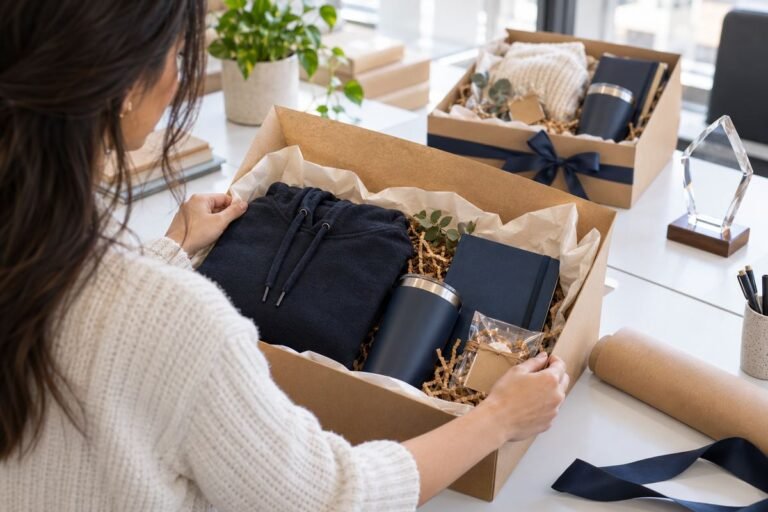 HR coordinator arranging an employee welcome gift box with a hoodie, tumbler, notebook and snack