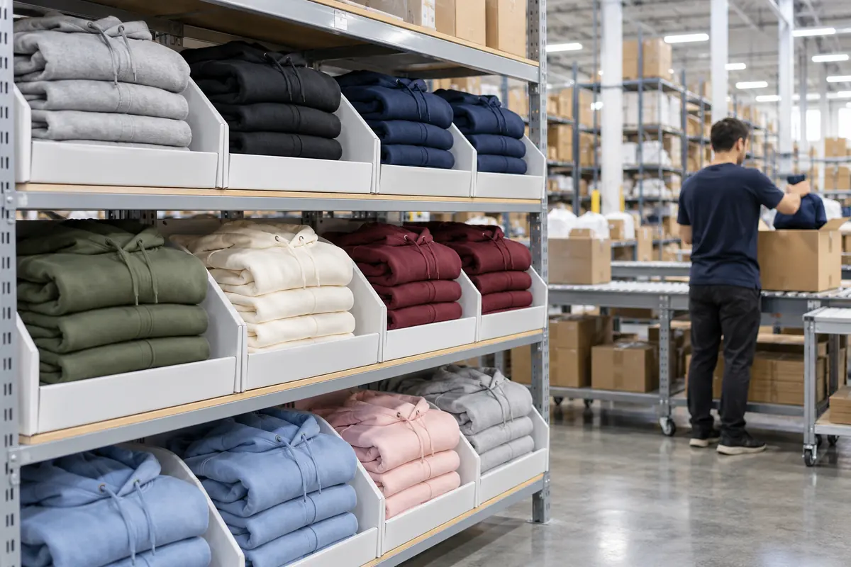 Corporate gift companies storage: the same hoodie stocked in several sizes and colors on warehouse shelves