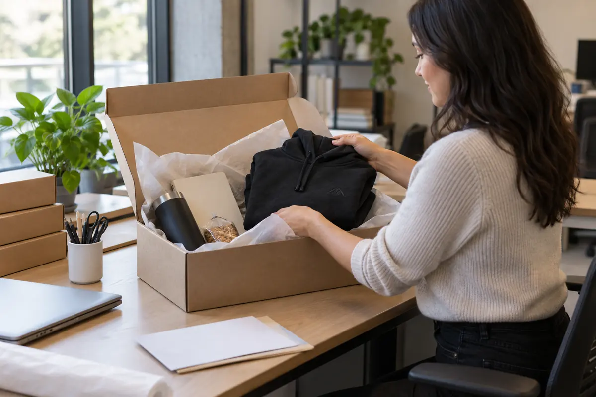 Corporate gift companies: HR coordinator packing a new-hire welcome kit with a hoodie, tumbler, notebook and snack