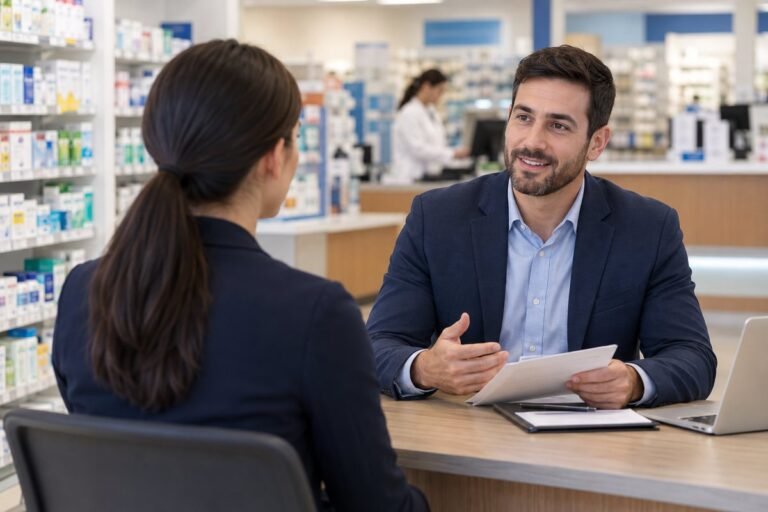 Job applicant interviewing with a hiring manager inside a retail pharmacy