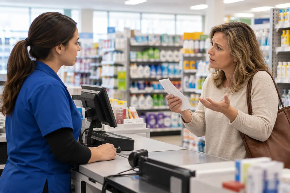 Drugstore associate listening calmly to a frustrated customer at the register