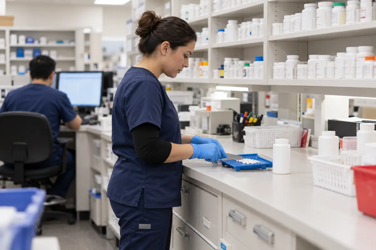 Pharmacy technician counting tablets on a counting tray behind a pharmacy counter