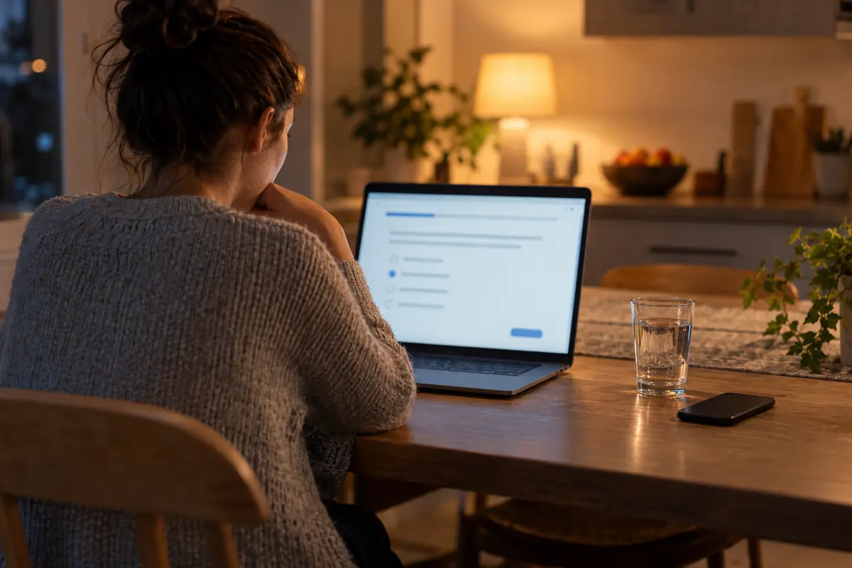 Job applicant taking an online job assessment on a laptop at a kitchen table