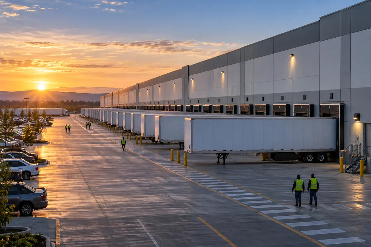 Large distribution center at dawn with trailers backed into a long row of loading docks and workers in high-visibility vests