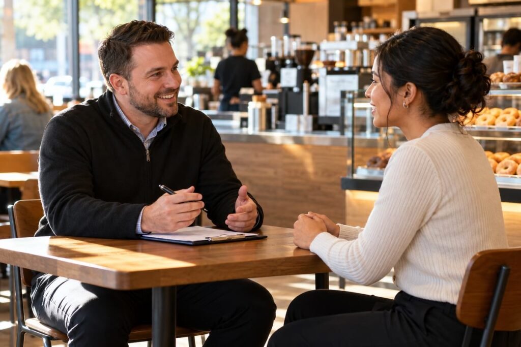 Dunkin' job candidate speaking with a franchise store manager during a cafe interview