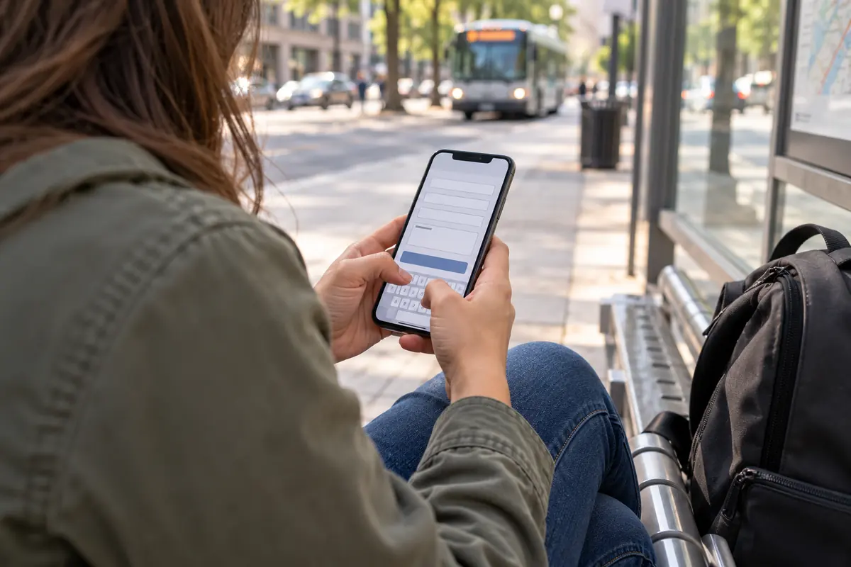 Person typing an answer into an online job application form on a phone while waiting at a bus stop