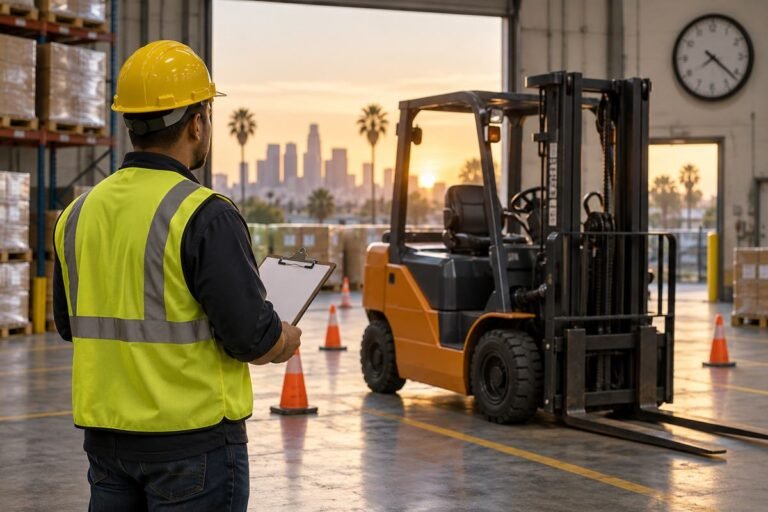 Forklift instructor reviewing a forklift training area in a Los Angeles warehouse