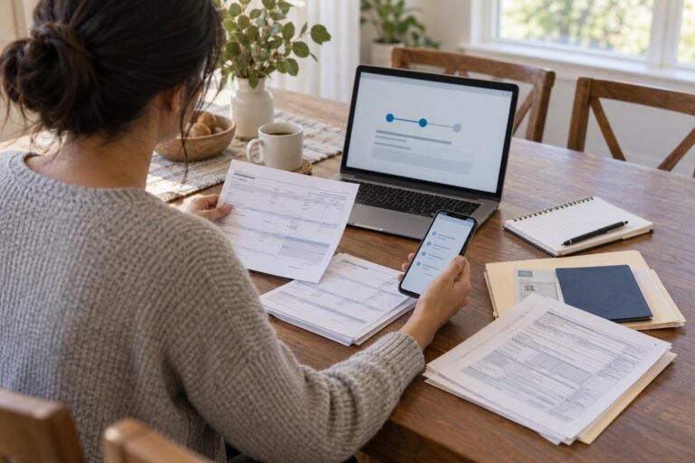 Job applicant organizing employment documents while waiting for a background check