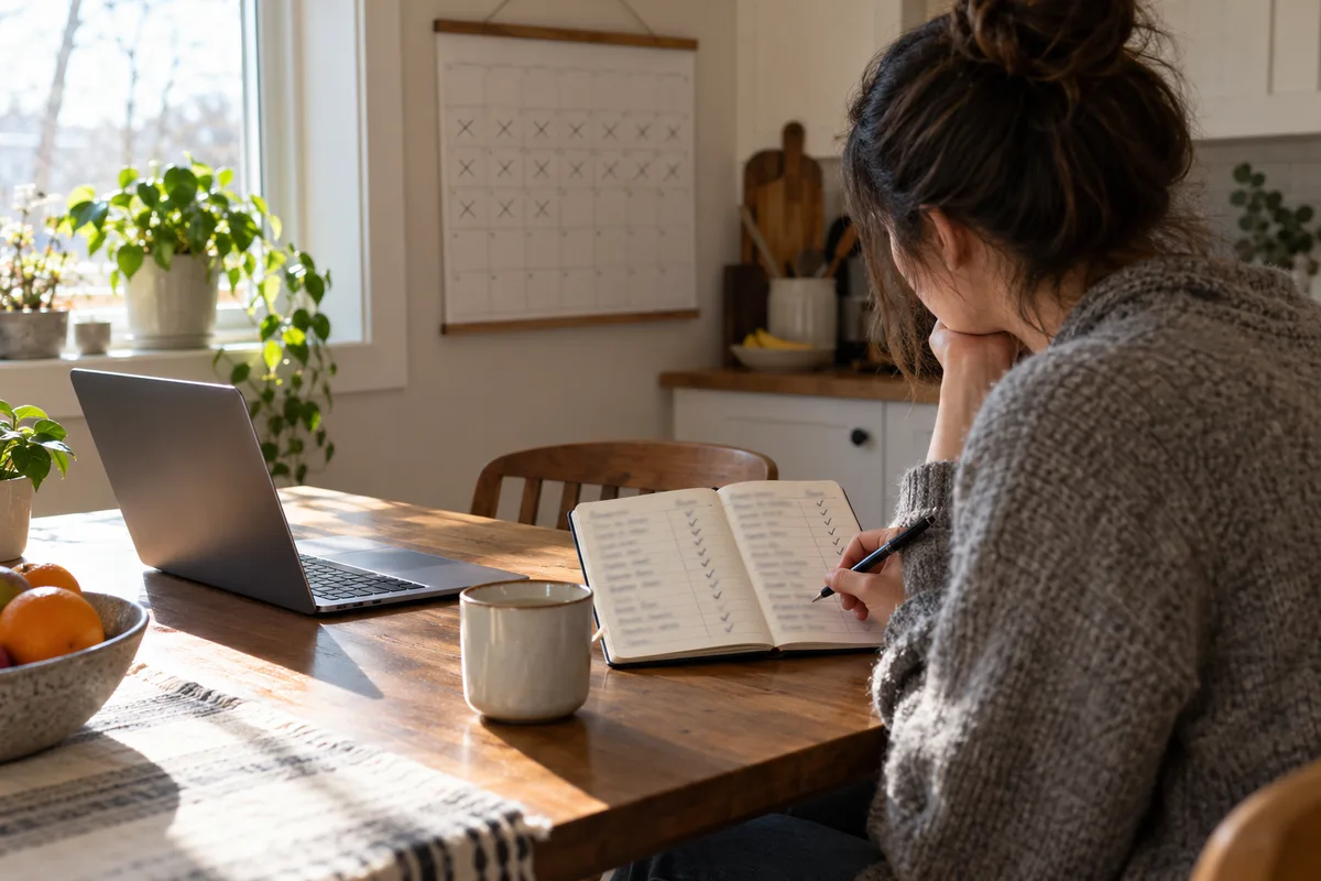 How long does it take to find a job: job seeker reviewing a dated search log and a calendar of weeks crossed off