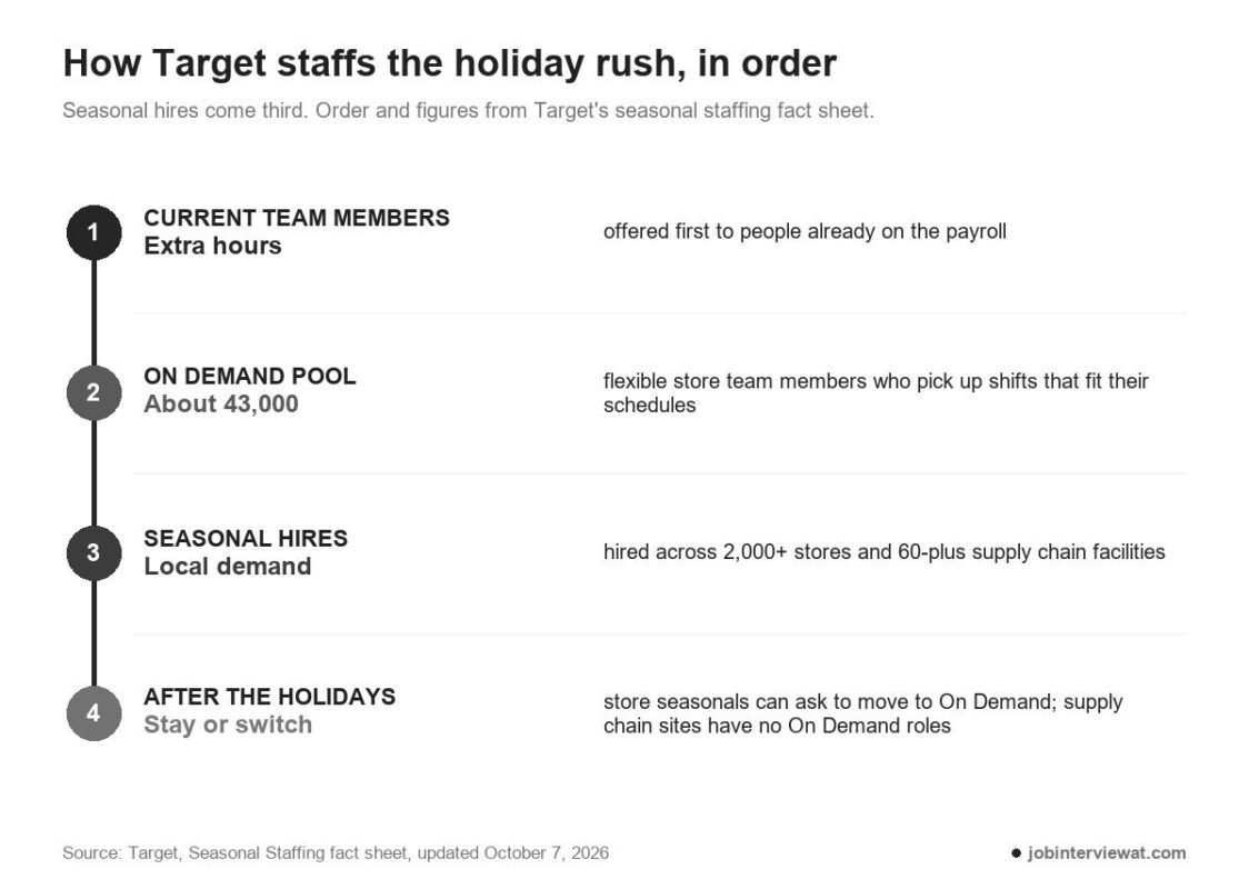 Infographic of Target's holiday staffing order: extra hours for current staff, the On Demand pool, seasonal hires, then stay or switch