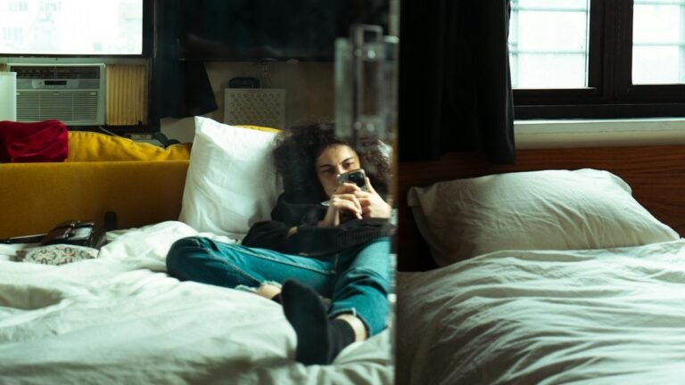 Person on a bed texting on a phone, the moment of figuring out how to call out of work