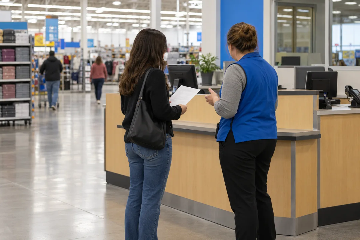 How to follow up on a job application in person: applicant speaking with a store manager at a quiet hour