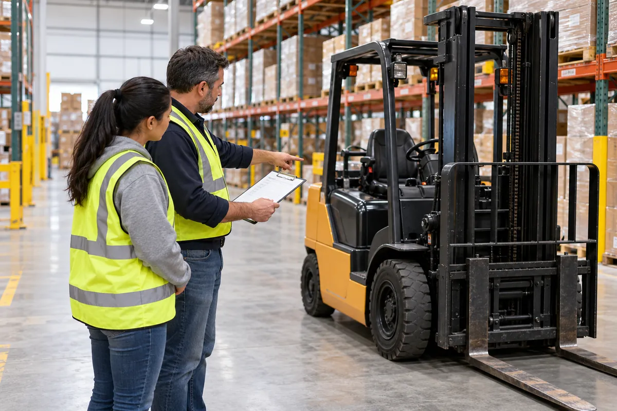 How to get a job fast in a warehouse: trainer walking a new hire through a forklift inspection checklist