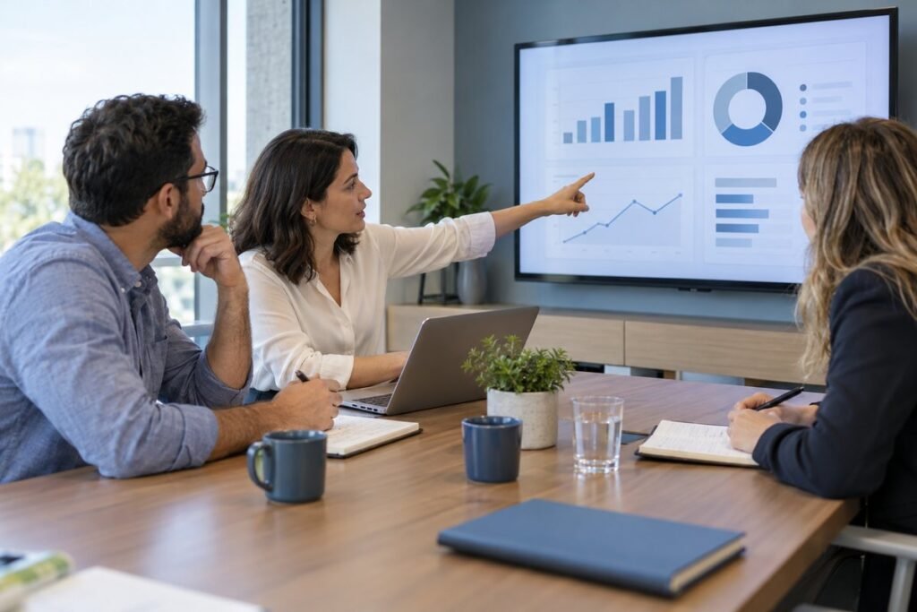 HR professionals comparing employee engagement and performance software options in a meeting