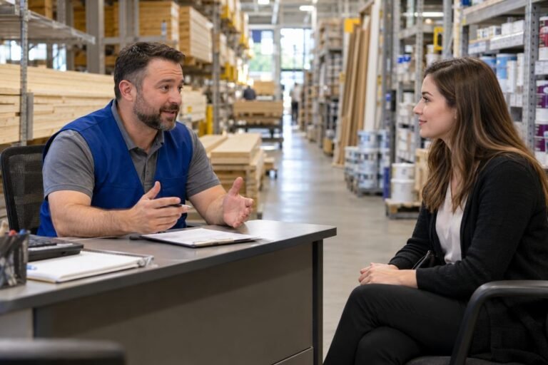 Lowe's store job candidate interviewing with a hiring manager in a home-improvement aisle