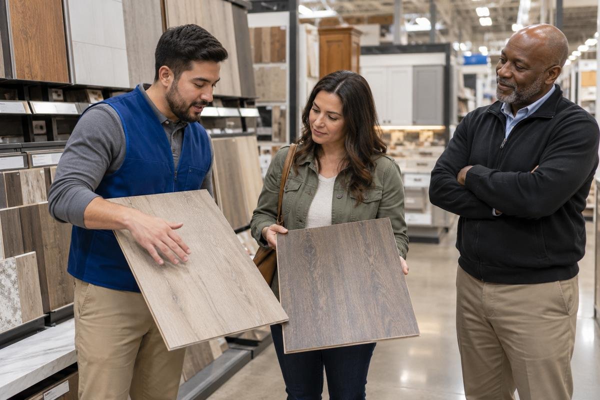 Lowe's sales specialist comparing flooring samples with a customer while a supervisor observes