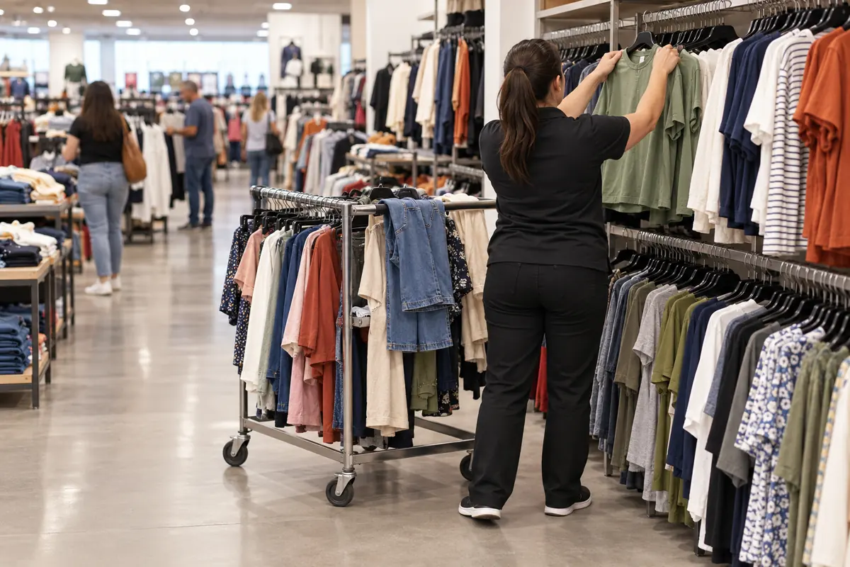 Store associate returning clothes from a fitting room rack to the sales floor