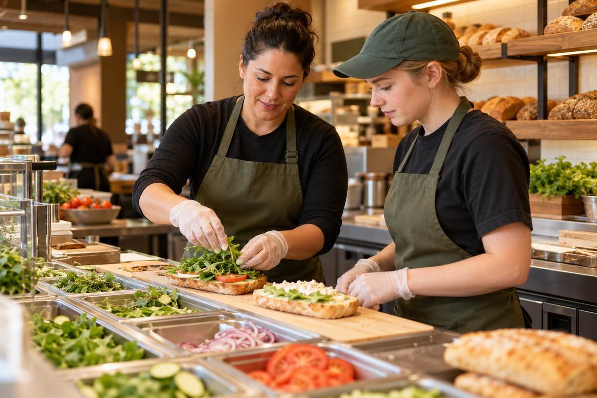 Cafe team lead training an employee at a sandwich preparation counter