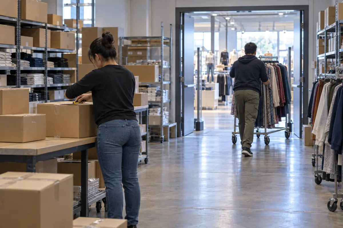 Stock associates moving a rolling rack of clothes out of a store stockroom early in the morning