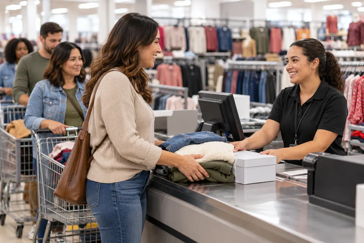 Cashier greeting a shopper at the register of a discount clothing store