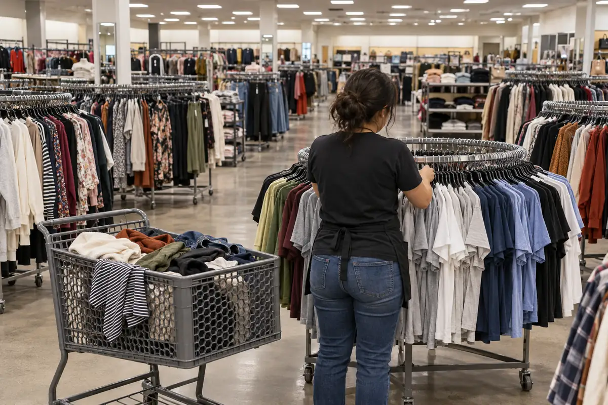 Store associate putting clothes back on racks in size order after closing