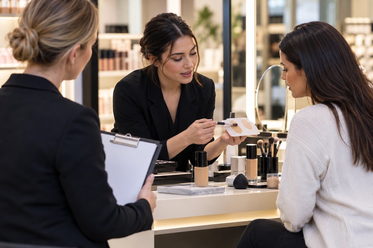Sephora beauty advisor candidate comparing foundation shades during a product recommendation role-play