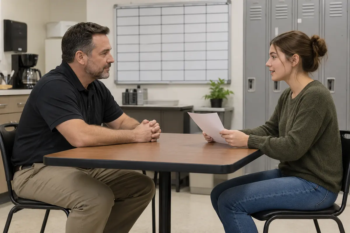 Store manager and applicant talking across a small table in a retail break room during a job interview
