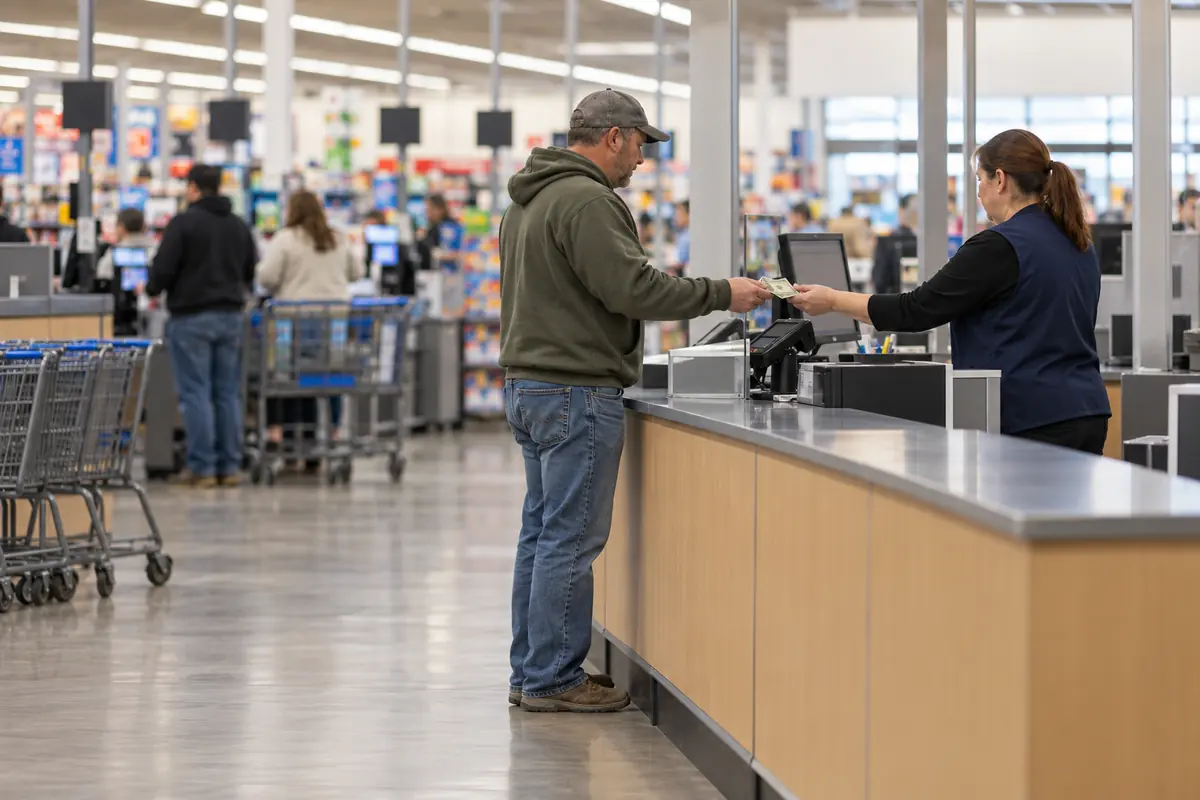 Store worker picking up cash at a customer service counter at the front of a large retail store