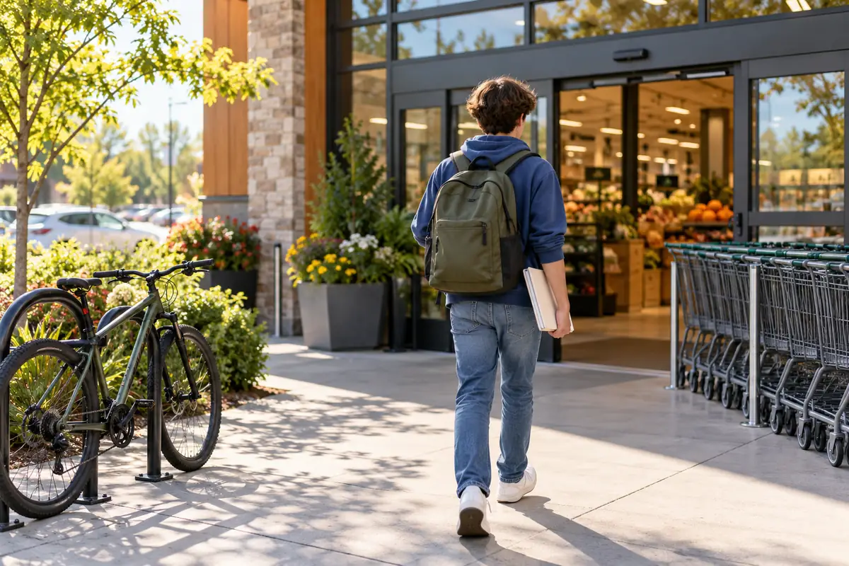 Teenager with a folder walking toward the entrance of a neighborhood grocery store for a first job interview