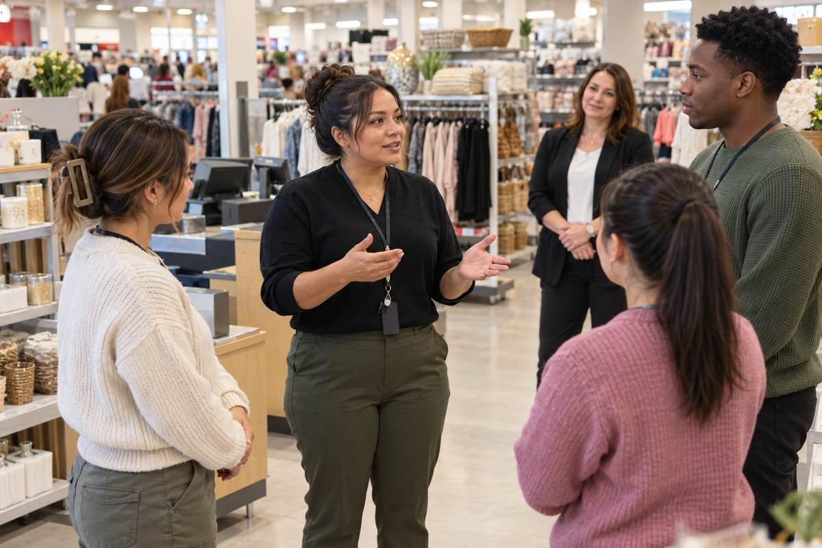 TJ Maxx coordinator leading a pre-shift briefing with store associates near the front registers