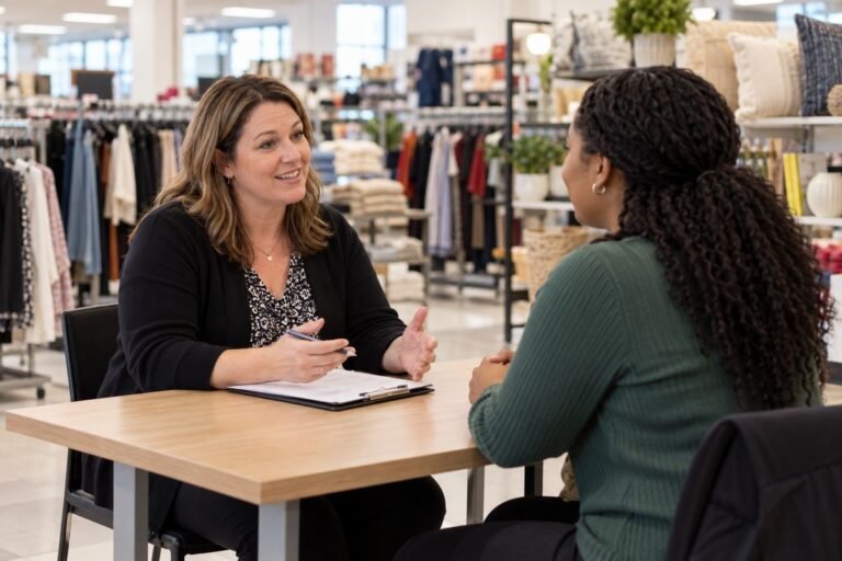 TJ Maxx store job candidate speaking with a hiring manager in a fashion and home-goods department