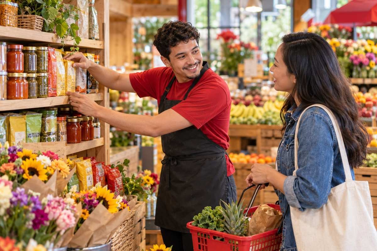 Grocery Crew member helping a customer while stocking a product display