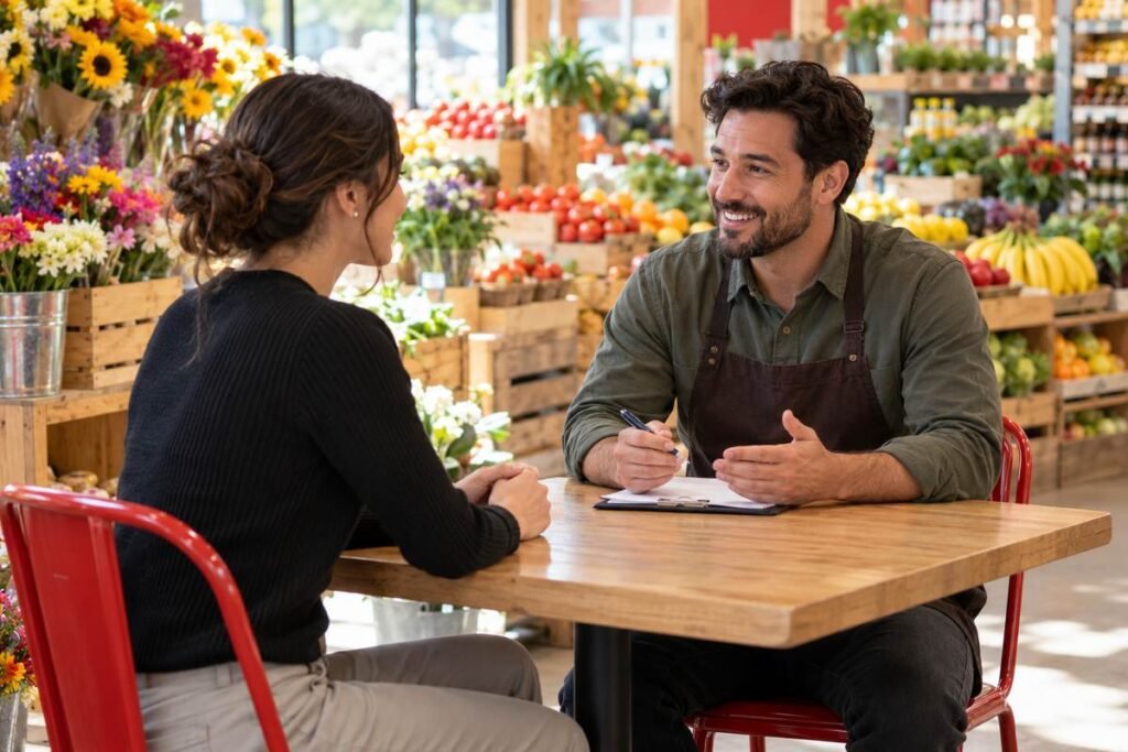 Trader Joe's Crew candidate speaking with a grocery store hiring manager