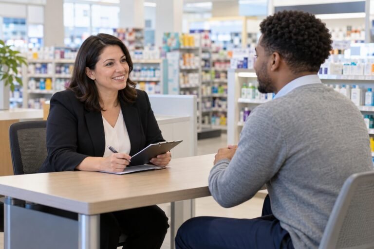 Walgreens job candidate speaking with a store manager during an interview inside a retail pharmacy