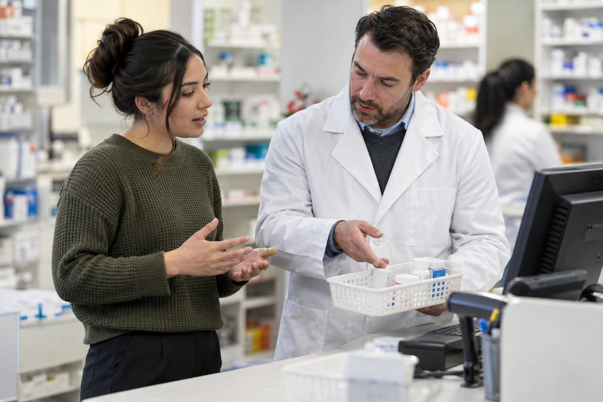Walgreens pharmacy technician candidate discussing a prescription workflow with a pharmacist