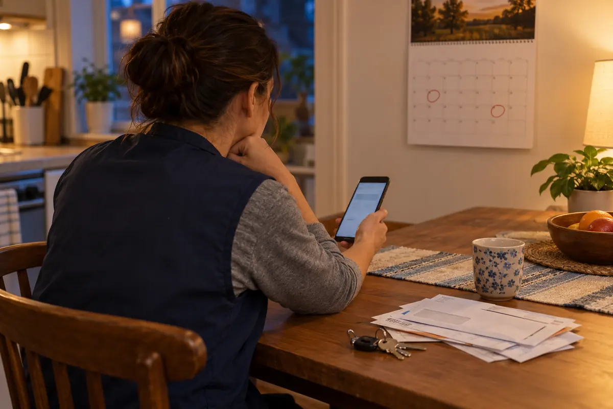 Retail worker at a kitchen table checking a phone for a payday deposit, with two dates circled two weeks apart on a wall calendar