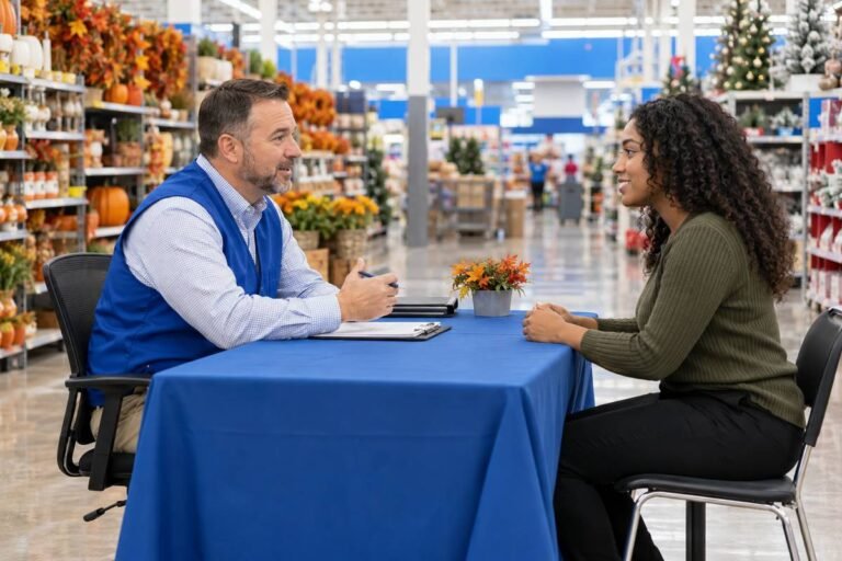Walmart seasonal job candidate speaking with a store manager near a holiday merchandise aisle