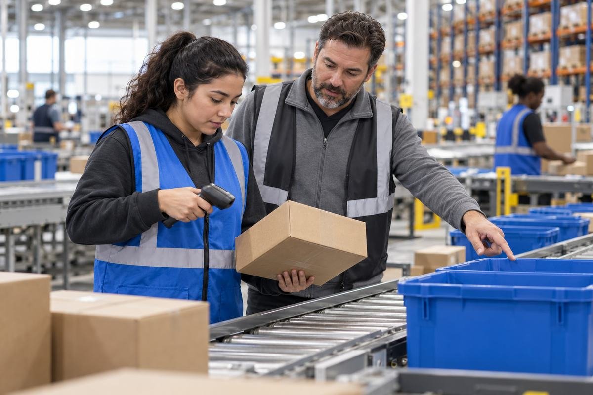 Walmart seasonal fulfillment center worker learning to scan and sort a parcel into a blue tote